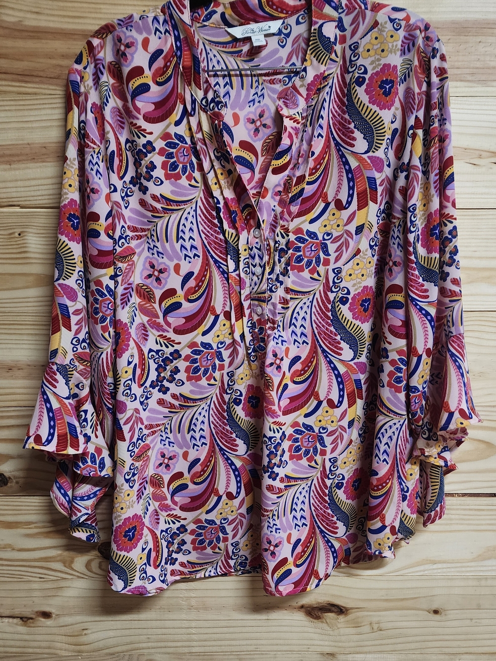 The Pioneer Woman Pink Multi Paisley V-Neck Blouse Flowy Ruffled Sleeves